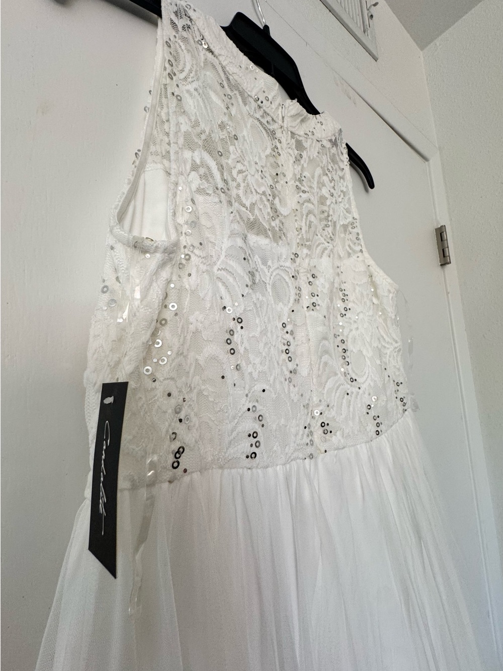 Halter White Lace & Sequin Evening Dress